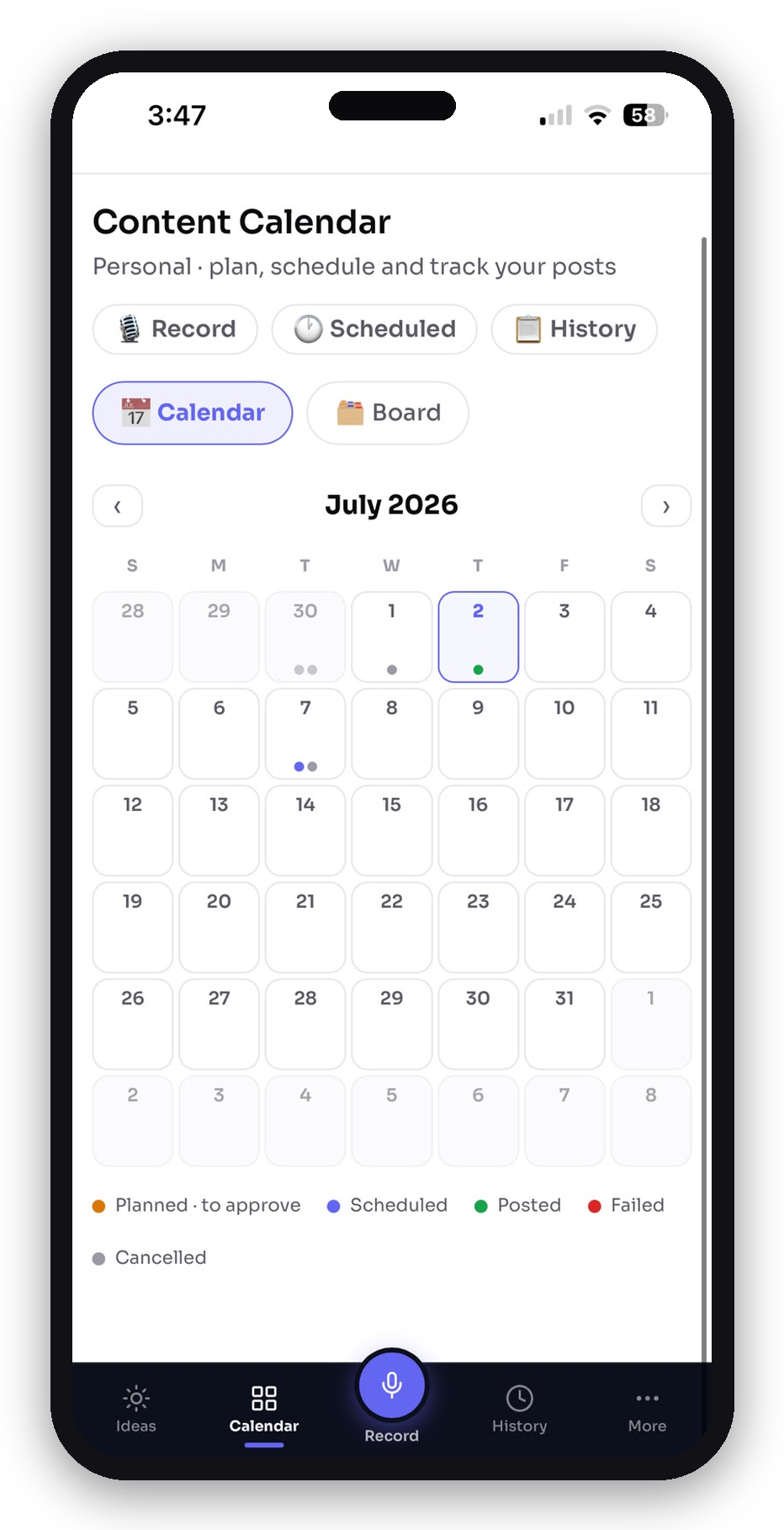 Venoh calendar showing a week of scheduled posts